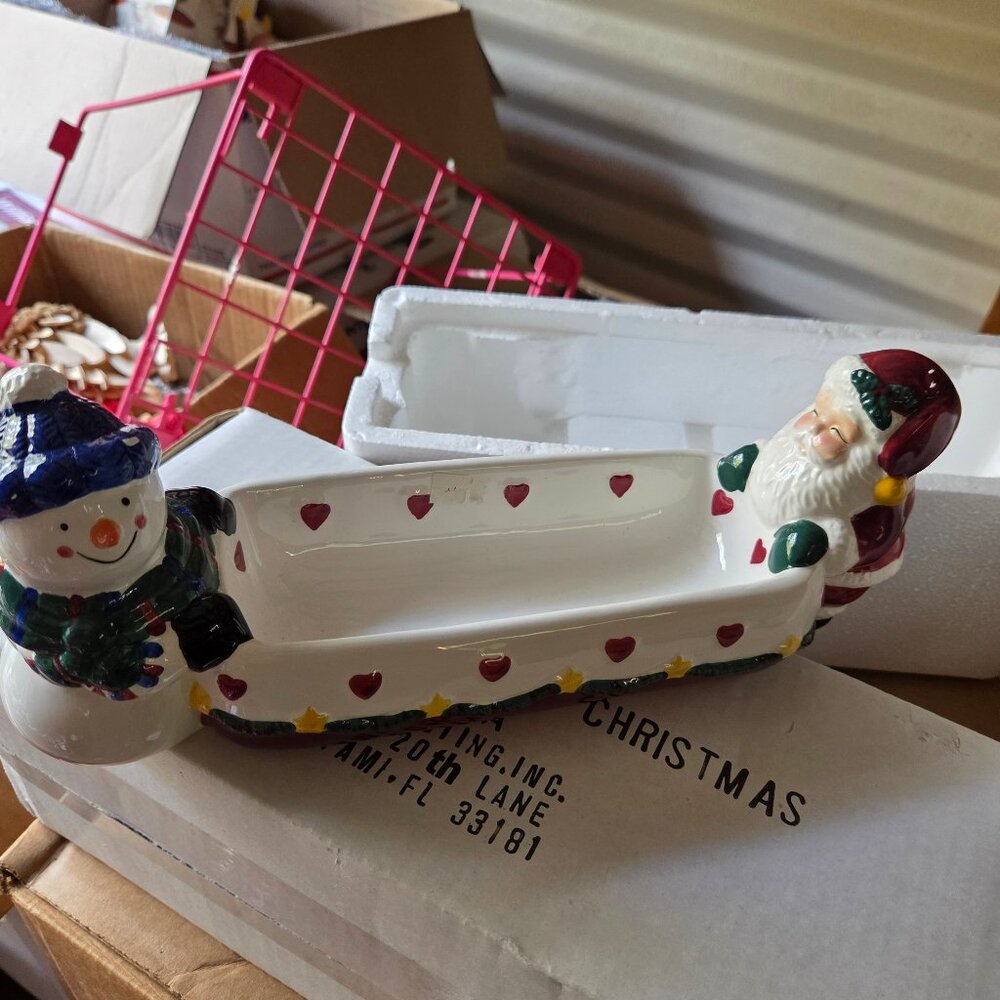 Christmas Holiday Santa Claus Snowman Ceramic Cracker Serve Tray Cheese Dish